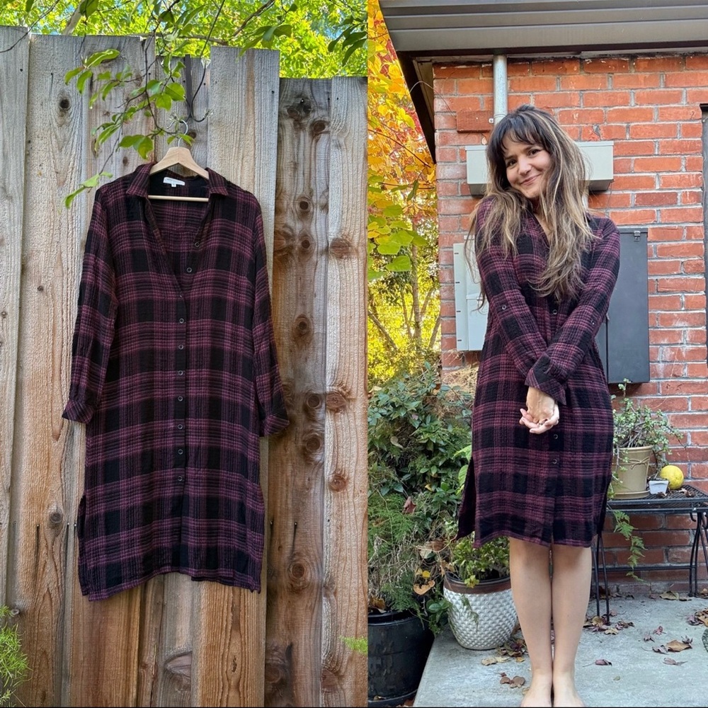 Plum Burgundy and Black Plaid Flannel Button-Up ShirtDress 🌿